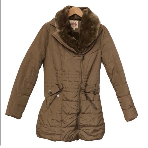 Ultim8 taupe tan faux fur lined Neck belted puffer parka Length Jacket Coat Sz M - Picture 1 of 7